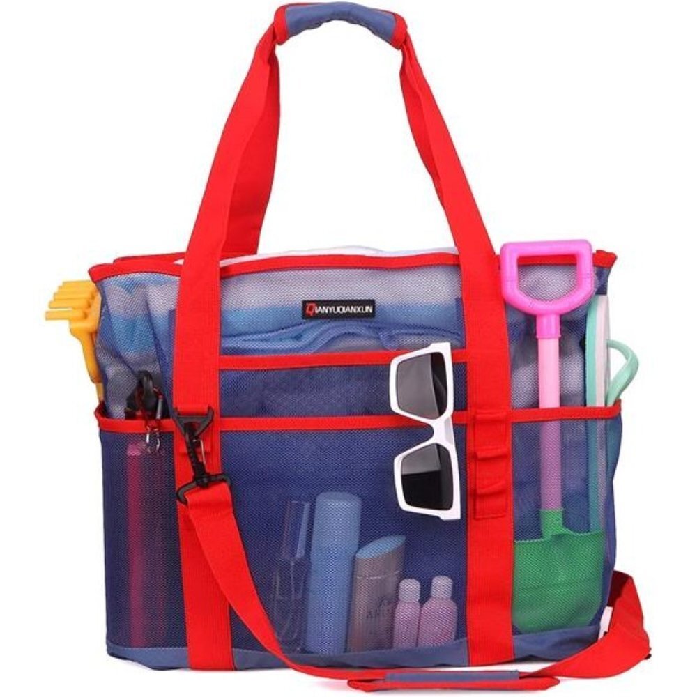 Mesh Beach Bag 40L Large with 9 Pockets Bags Blue and Red